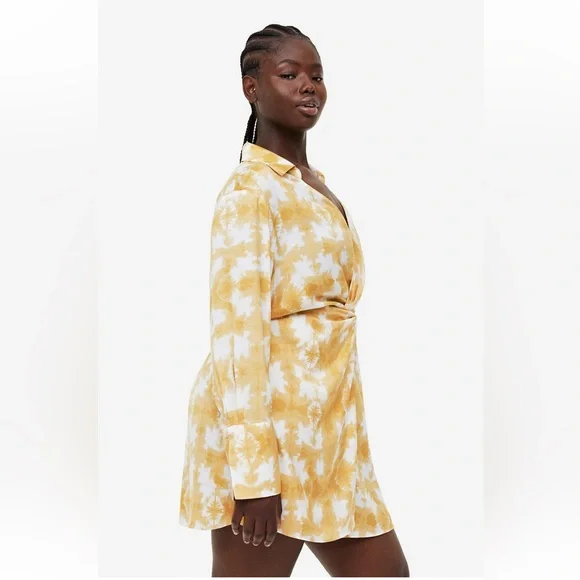 NWT H&M Twist Waist Midi Dress-Yellow/White Print-SOLD OUT Size XXL - Picture 3 of 7